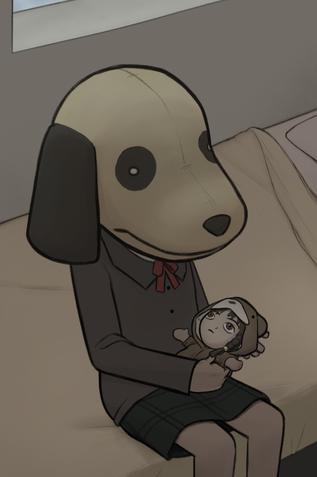 Lain Iwakura with a plushie dog head holding a small plushie Lain