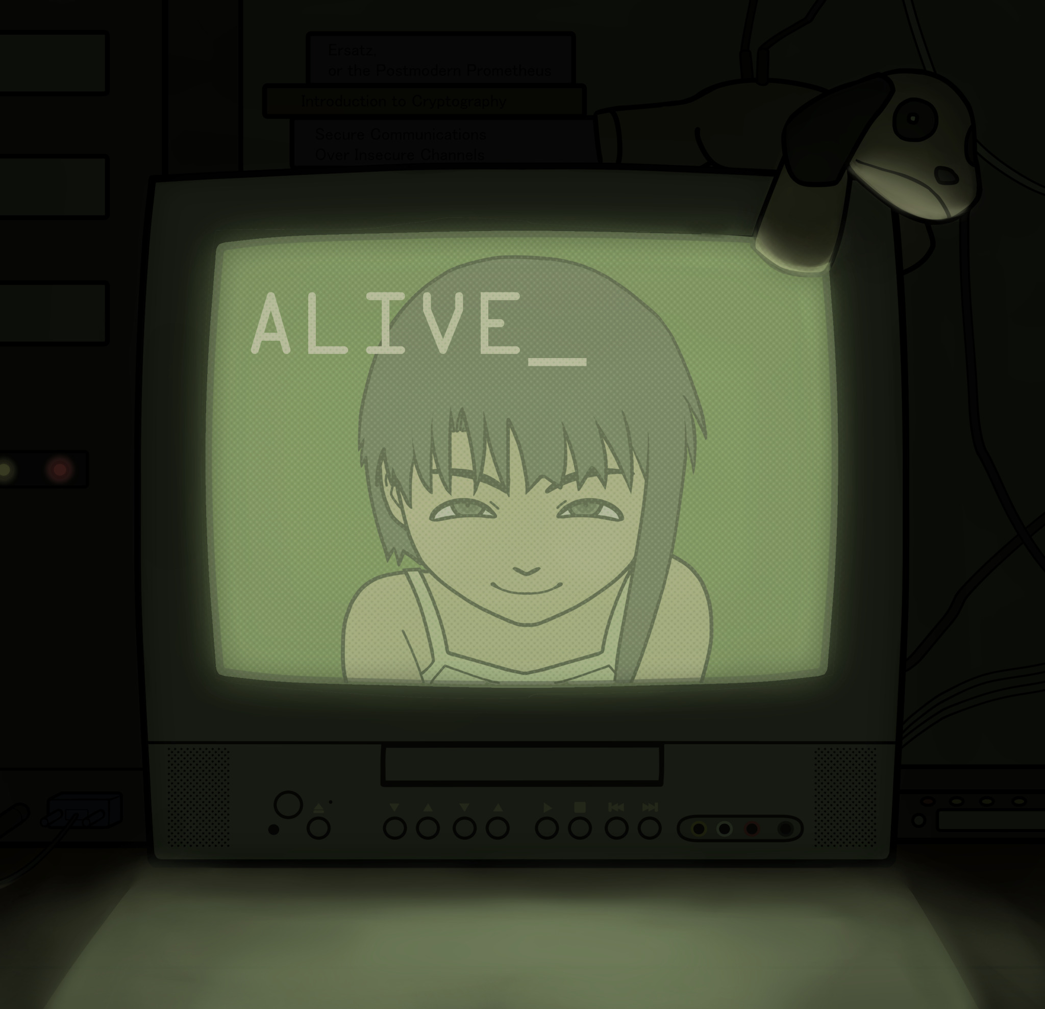 a CRT TV in a dark room showing a smirking Lain with text on the corner of the screen saying Alive