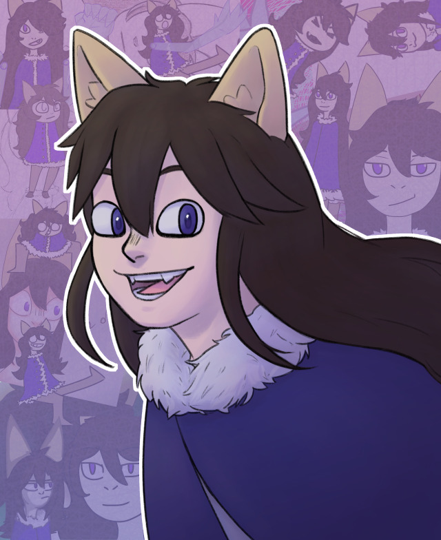 a bust of a happy catgirl with many drawing of her in different styles in the background