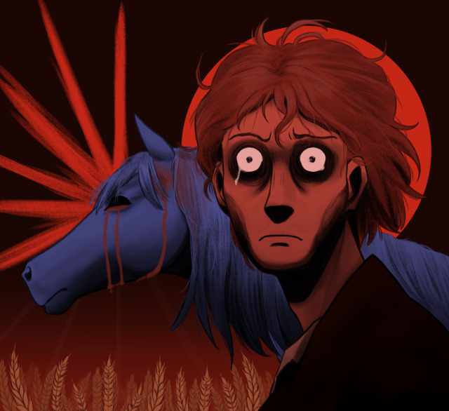 Rodion Raskolnikov in red hues and dramatic lighting stading in front of a blue horse that cries blood